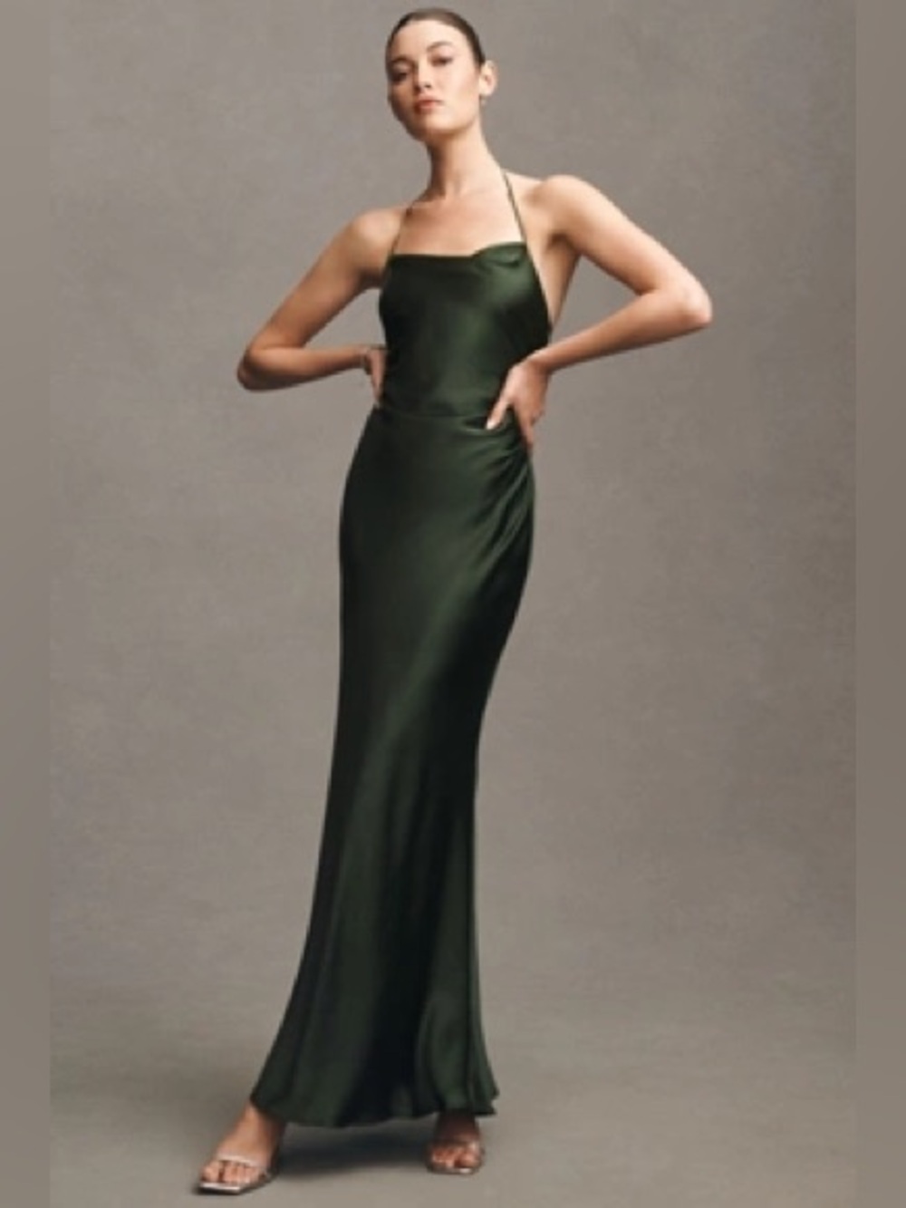 BHLDN Dark Green Satin Halter Gown